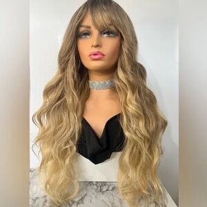 24 Inch Ombre Brown Rooted & Blonde highlights Wavy Hair with bangs Long Wig